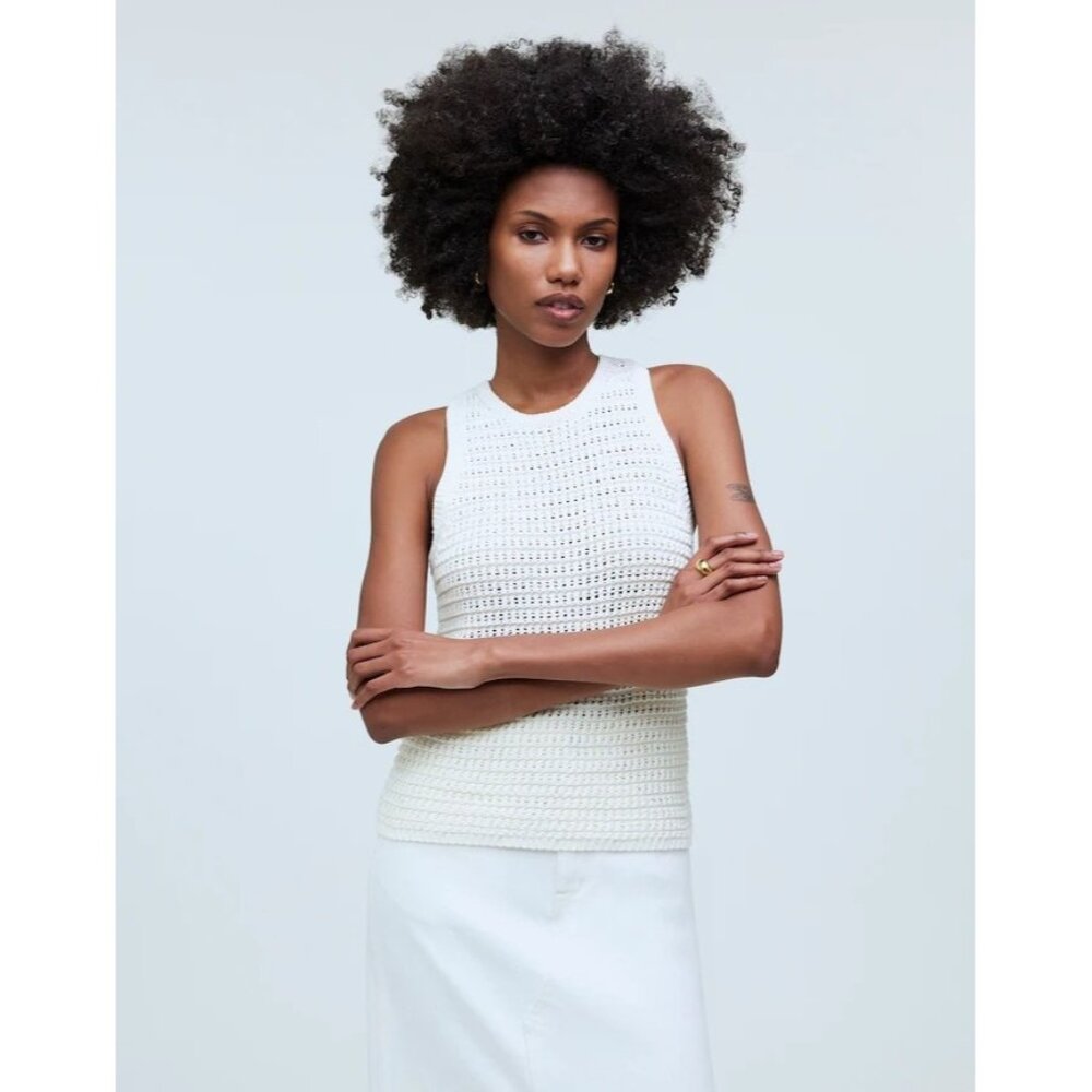 Madewell Crochet-Knit Crewneck Sweater Tank in Bright Ivory
